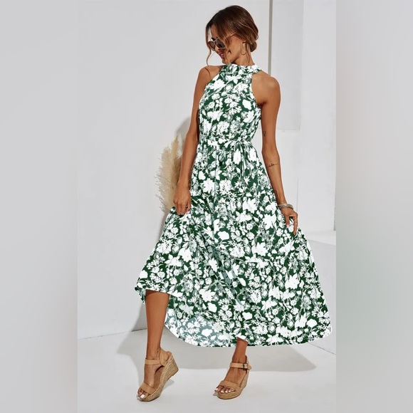 NWT Women's Halter Neck Maxi Layer Dress in Green & Floral Print - Picture 11 of 13